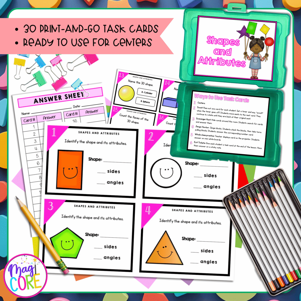 2D & 3D Shapes & Attributes - 2nd Grade Task Cards - 2.G.A.1 | MagiCore