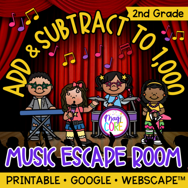 Add & Subtract to 1,000 Math Music Escape Room & Webscape™ - 2nd Grade