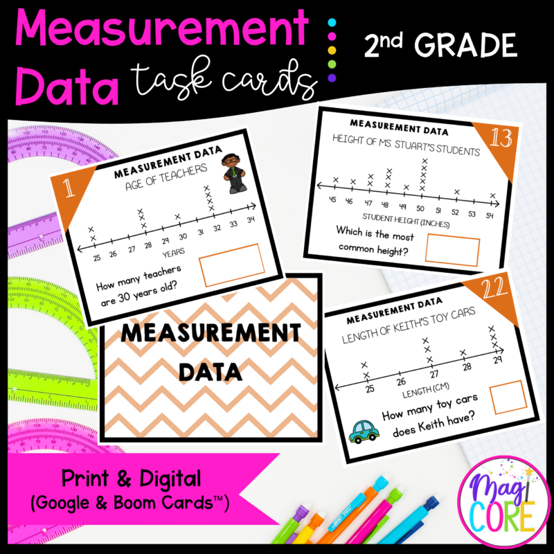 Measurement Data - 2nd Grade Math Task Cards - Print, Slides, & Boom Formats