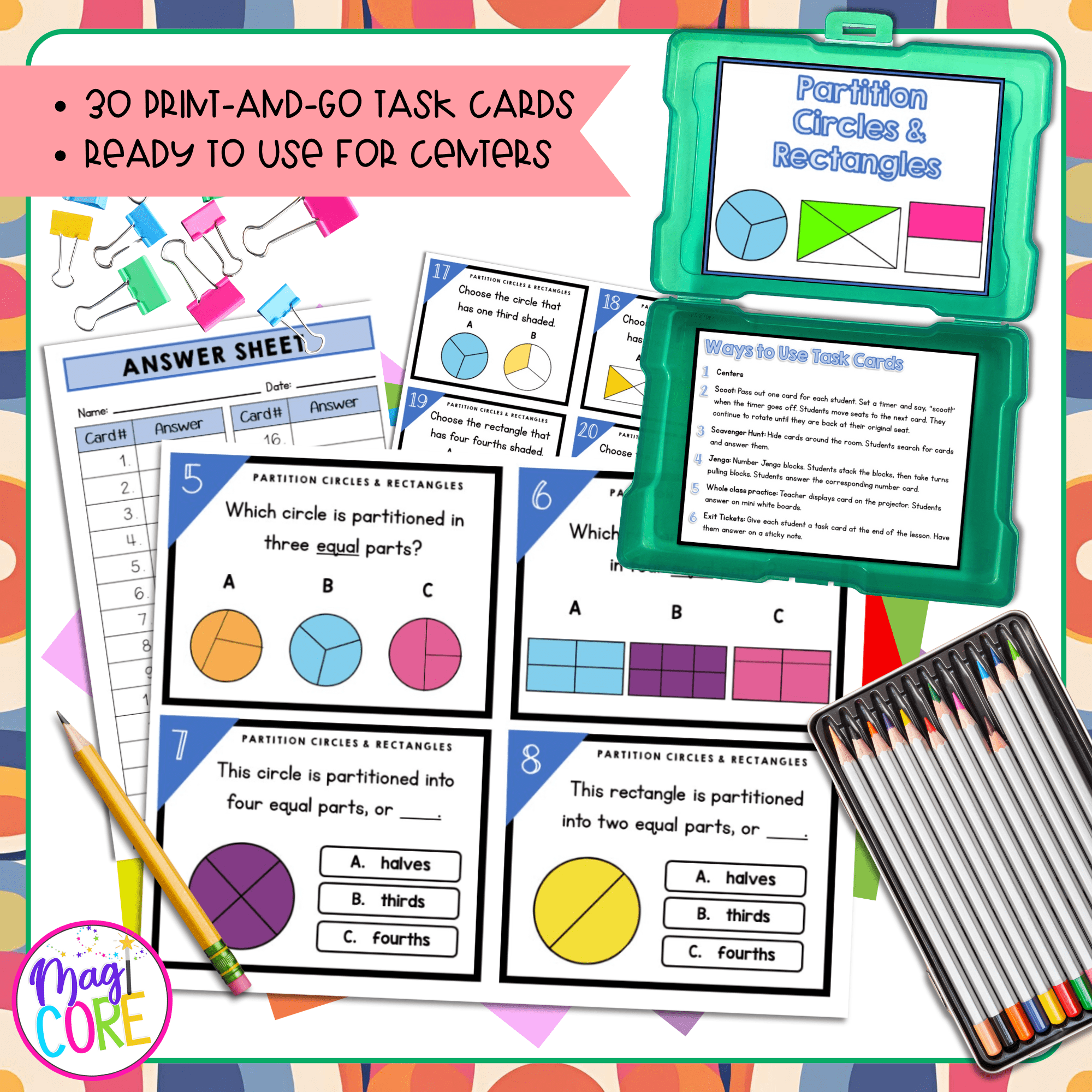 Fractions: Halves, Thirds, and Fourths - 2nd Grade Math Task Cards - 2.G.A.3 - Image 2