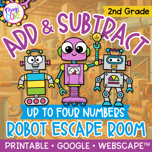 Add & Subtract up to 4 Numbers Robot Math Escape Room & Webscape™ - 2nd Grade