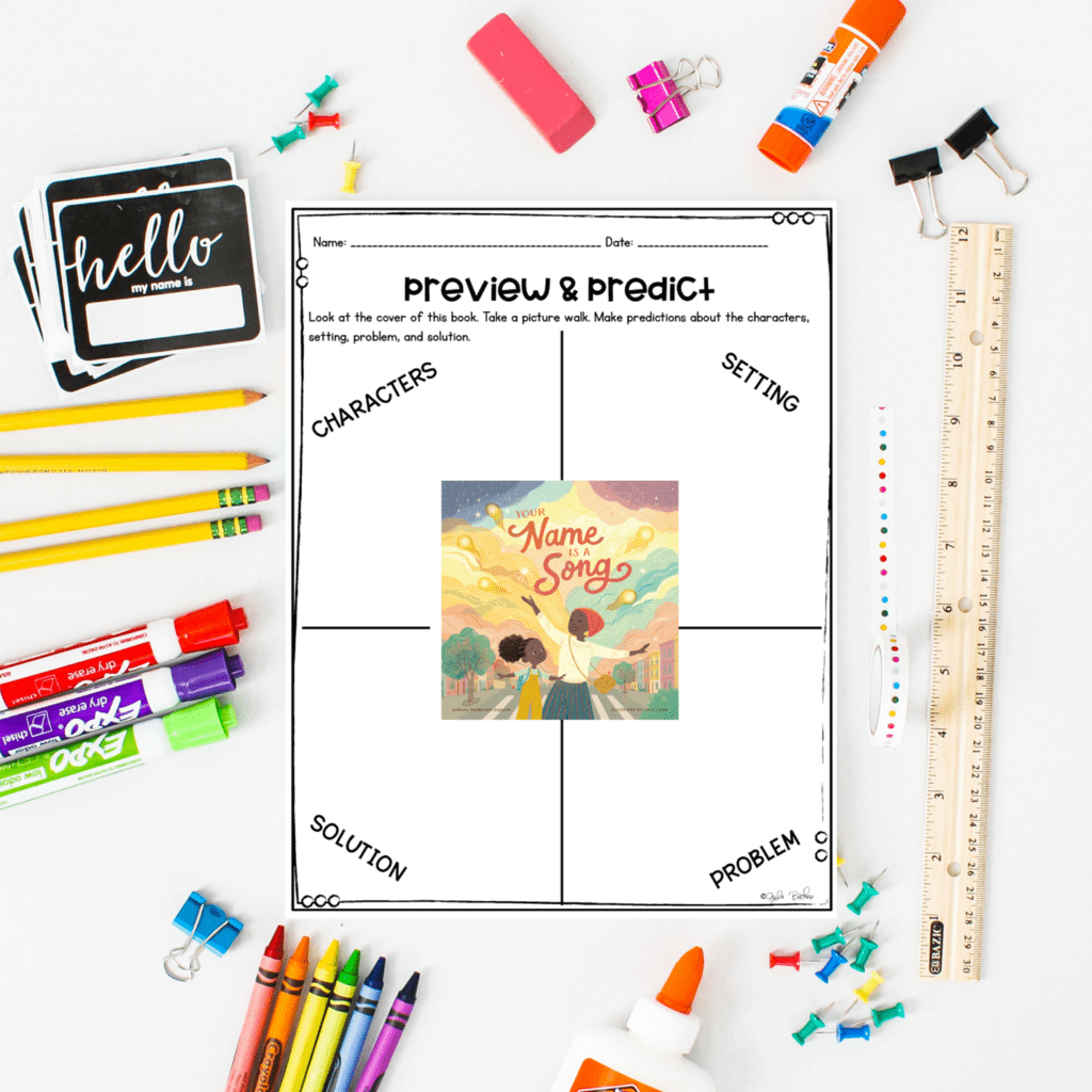 Your Name is a Song cover in preview and predict activity with pencils, crayons, and glue.