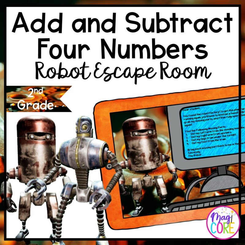 Add & Subtract Four Numbers "Robot" 2nd Grade Math Escape Room