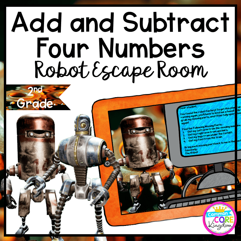 Add & Subtract Four Numbers "Robot" 2nd Grade Math Escape Room - Print & Digital