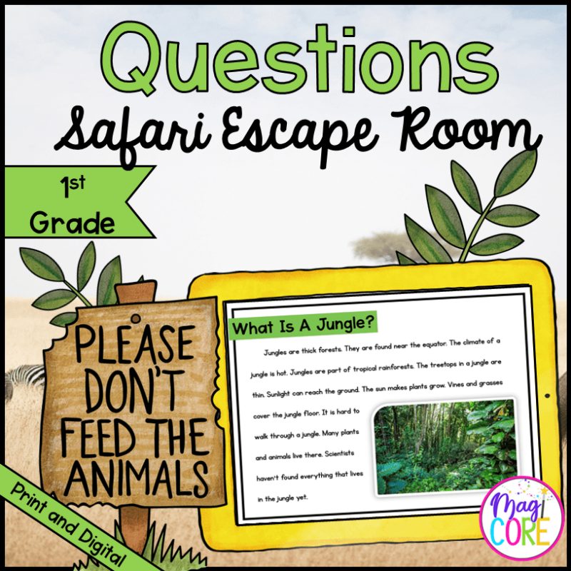 1st Grade Reading Activities - Ask & Answer Questions Safari Escape Room RI.1.1