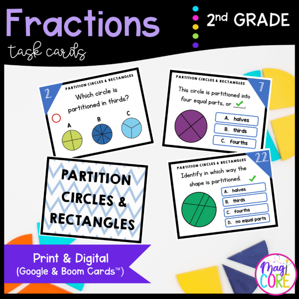 Fractions - 2nd Grade Math Task Cards - Print & Digital - 2.G.A.3