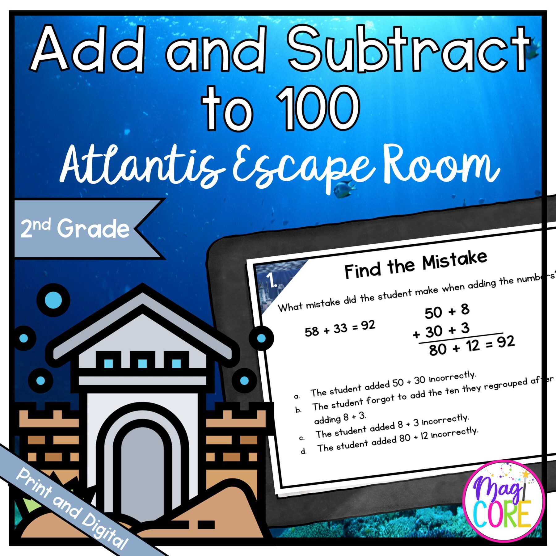 Add & Subtract to 100 - 2nd Grade Math "Atlantis" Escape Room - Print & Digital