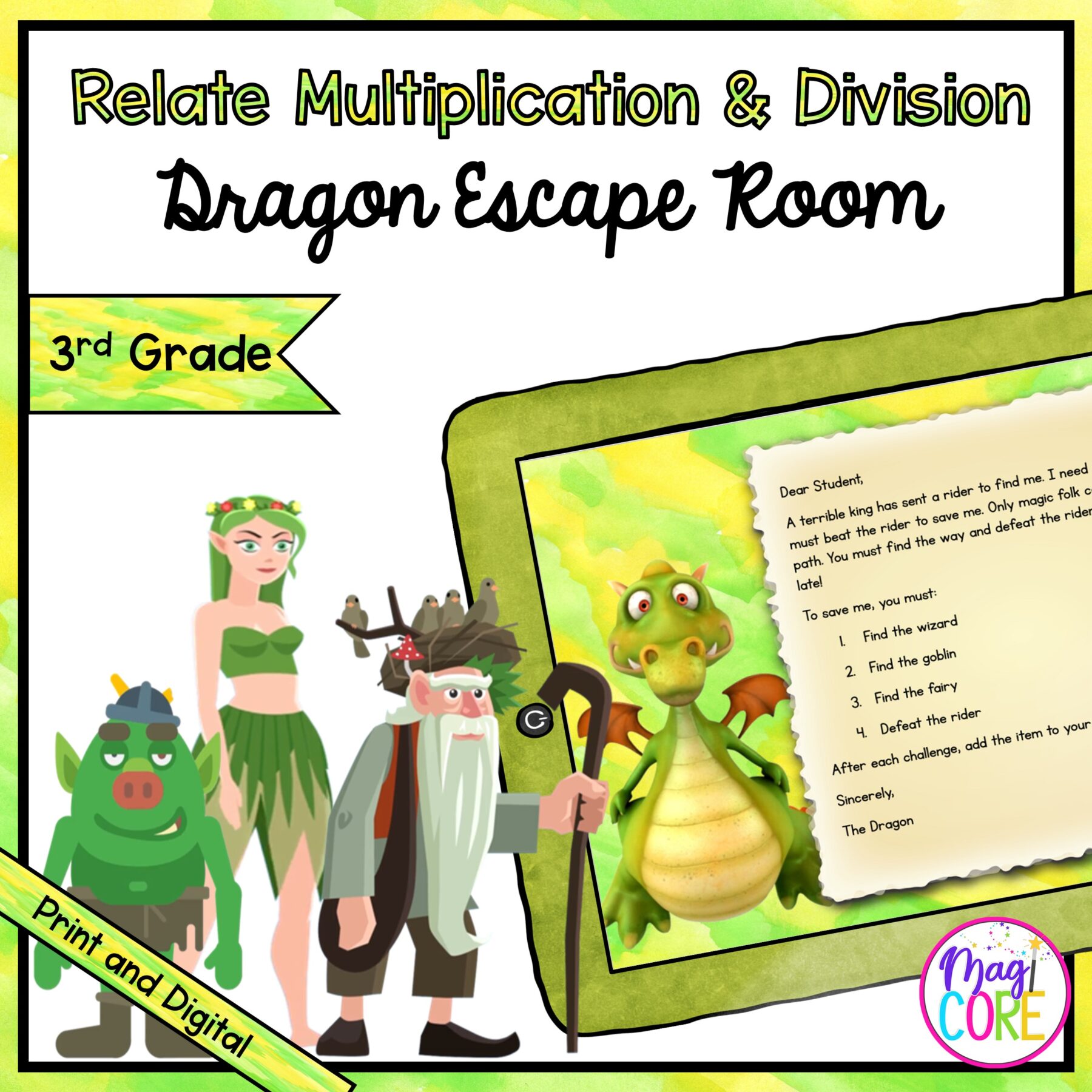Relate Multiplication & Division 3rd Grade Dragon Escape Room - Digital & Print