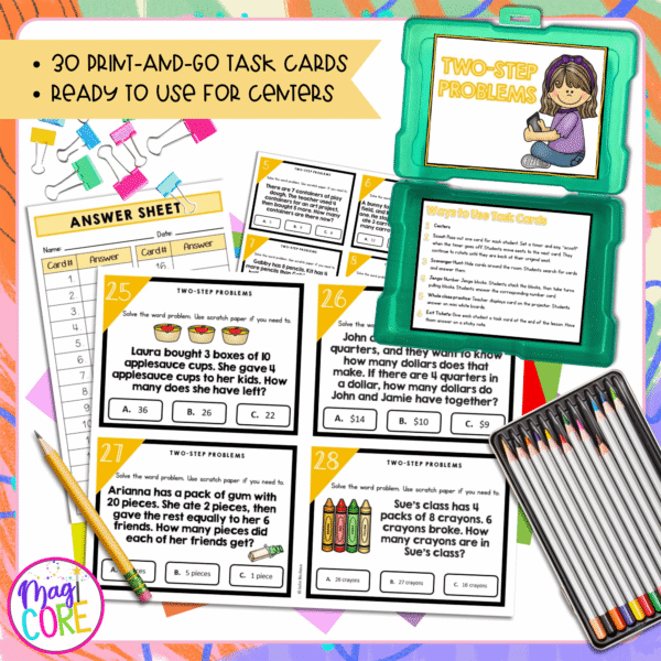 Two-Step Word Problems - 3rd Grade Math Task Cards - 3.OA.D.8 | MagiCore