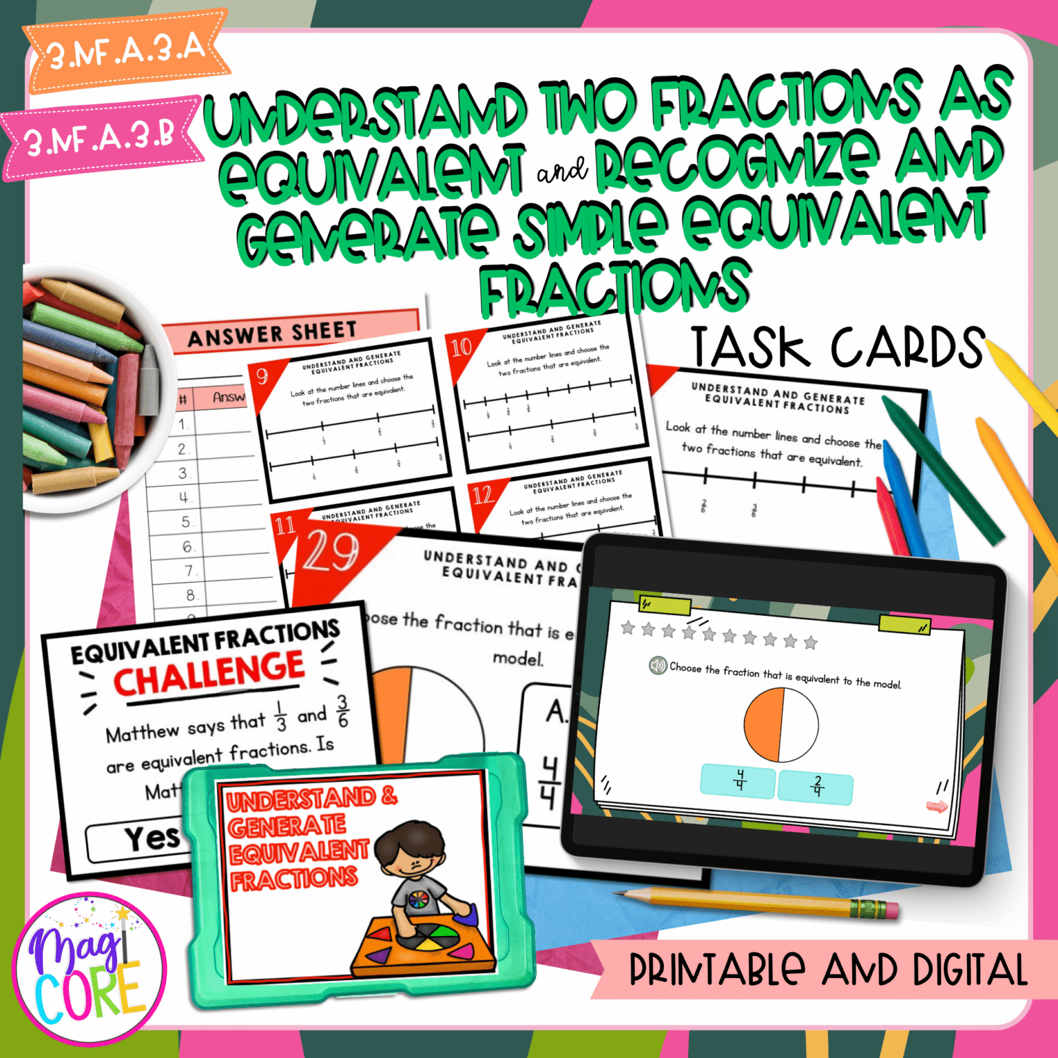 Equivalent Fractions - 3rd Grade Math Task Cards - 3.NF.A.3 (A & B ...
