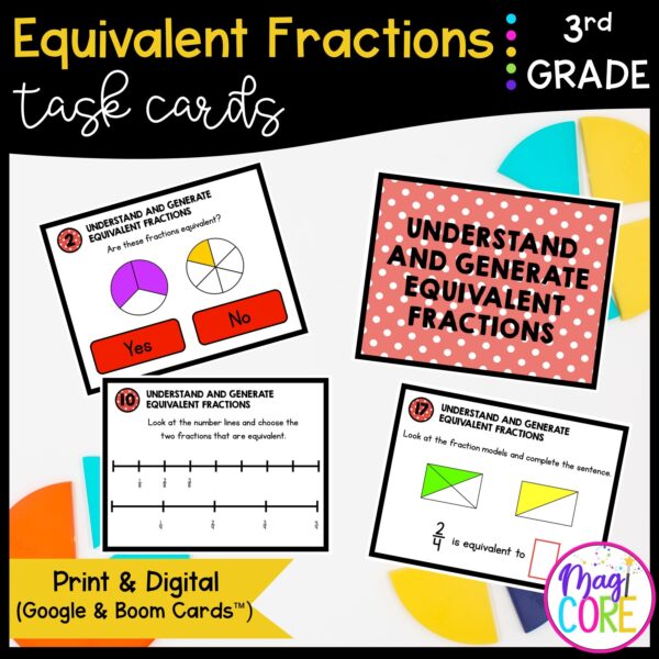 Equivalent Fractions - 3rd Grade Math Task Cards - 3.NF.A.3 (A & B)