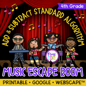 Add & Subtract Standard Algorithm Math Music Escape Room & Webscape™ - 4th Grade