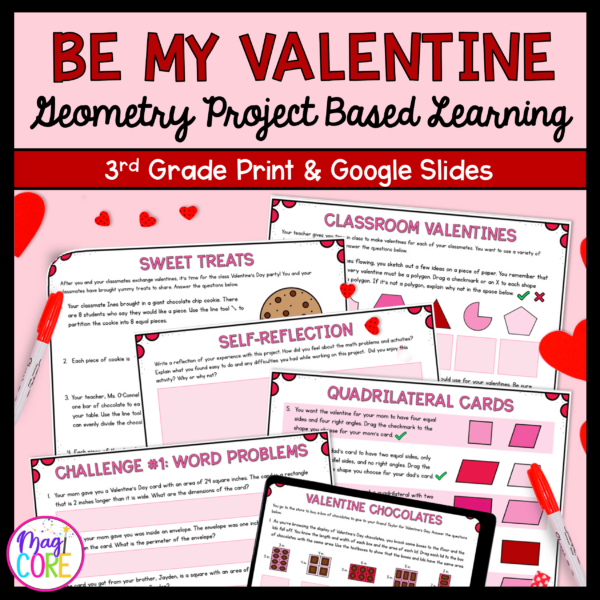 Be My Valentine Geometry Project Based Learning - 3rd Grade - Print & Digital