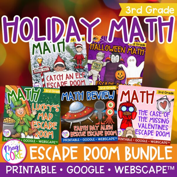 Holiday Math Escape Room Bundle 3rd Grade Printable Digital Halloween Christmas