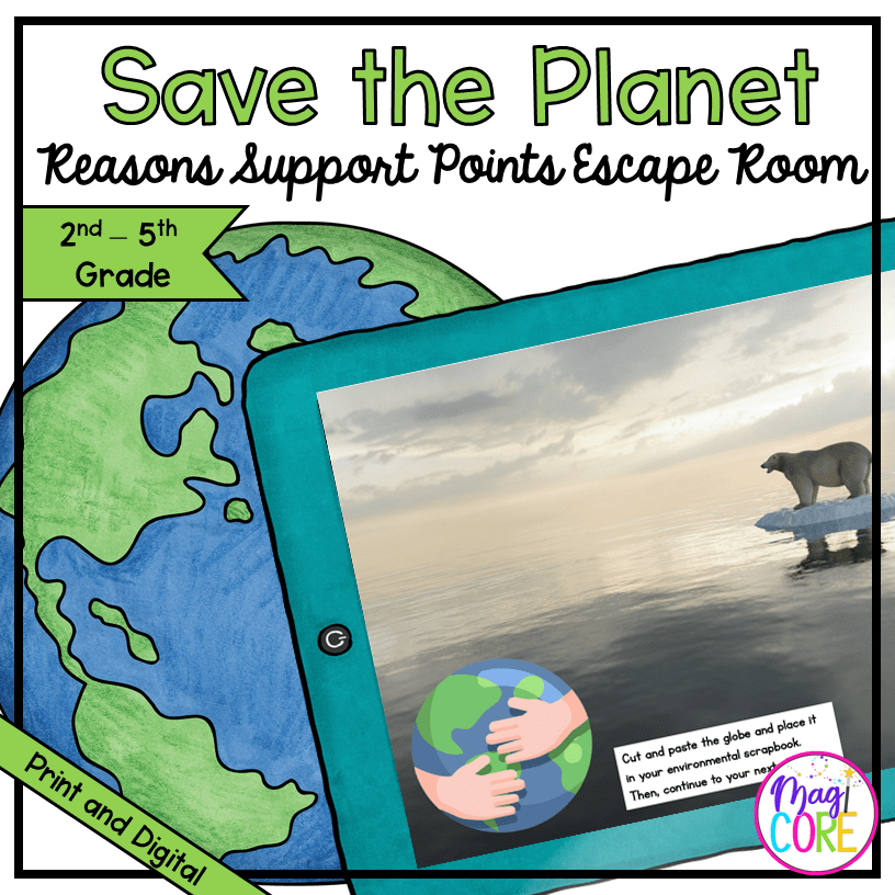 Save the planet escape room cover showing a digital escape room on a tablet