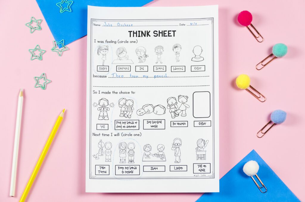 Image of think sheets to show teachers how to use them in their classrooms to manage behaviors