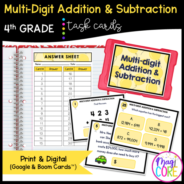 Multi-Digit Addition & Subtraction - 4th Grade Task Cards - Print & Digital