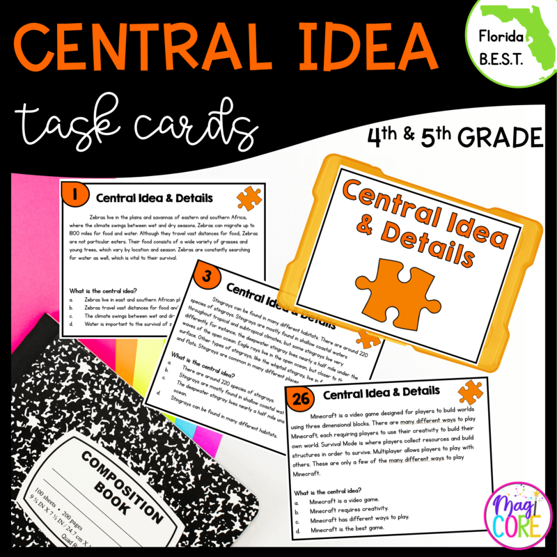 Central Idea Task Cards - 4th & 5th Grade FL BEST - ELA.4.R.2.2 & ELA.5.R.2.2