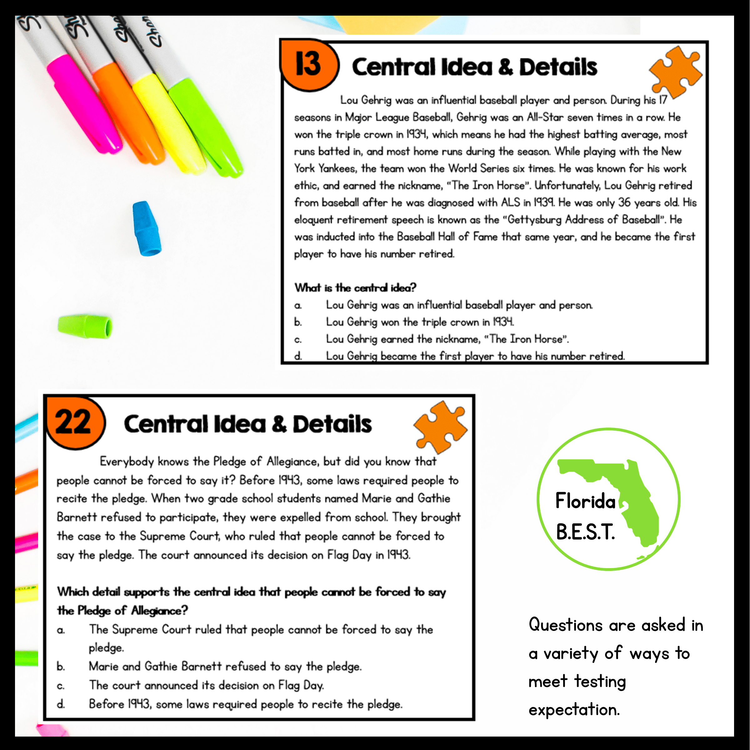 Central Idea Task Cards 4th 5th Grade FL BEST MagiCore