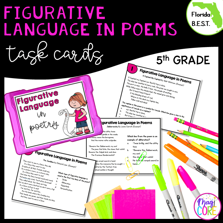 Figurative Language in Poems Task Cards - 5th Grade FL BEST - ELA.5.R.1.4