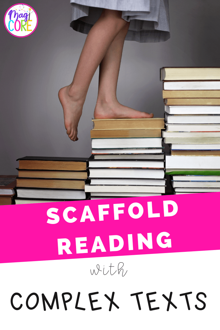 Teacher stepping on books to illustrate how to scaffold reading in elementary school.