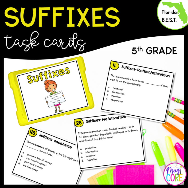 Suffixes Task Cards - 5th Grade FL BEST - ELA.5.V.1.2