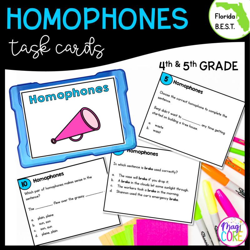 Homophones Task Cards - 4th & 5th Grade - FL BEST ELA.4.V.1.3/5.V.1.3