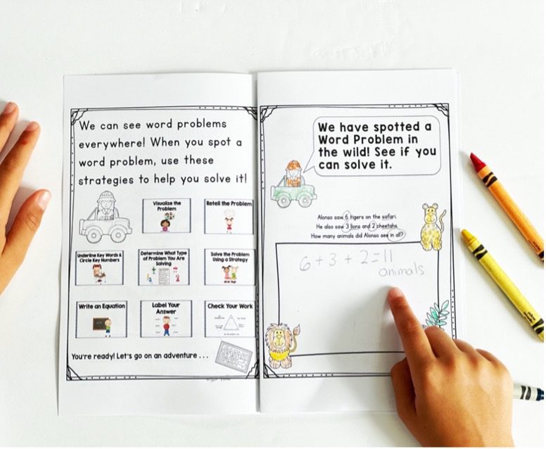 Students can use mini-book to help review the problem-solving process for adding three numbers in a word problem. 