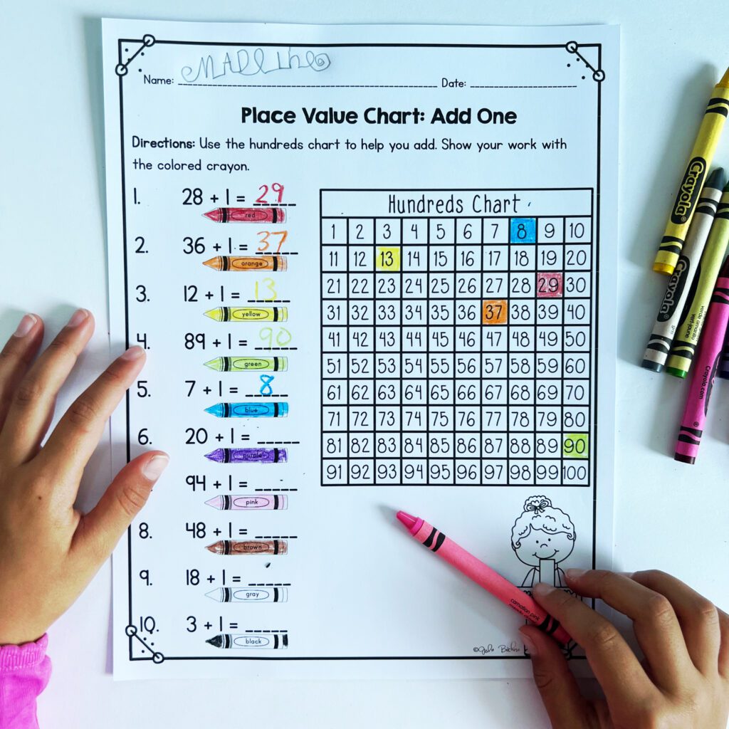 The hundreds chart provides authentic practice helping students determine 10 more 10 less or 1 more 1 less.
