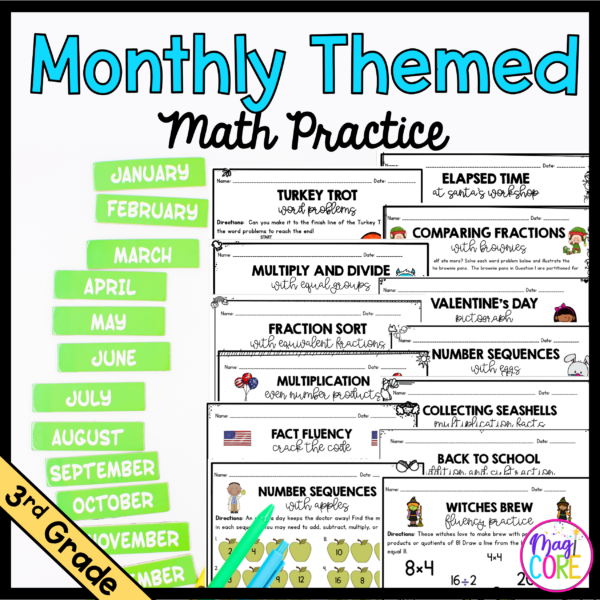 Monthly Themed Math Practice BUNDLE | 3rd Grade