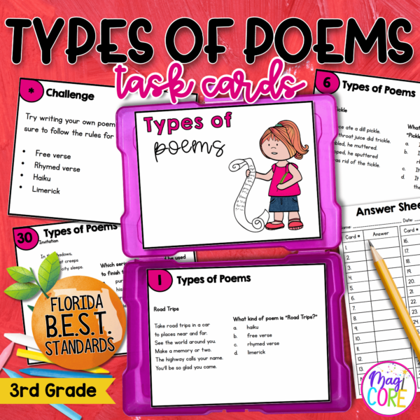 Types of Poems Task Cards - 3rd Grade - FL BEST | MagiCore