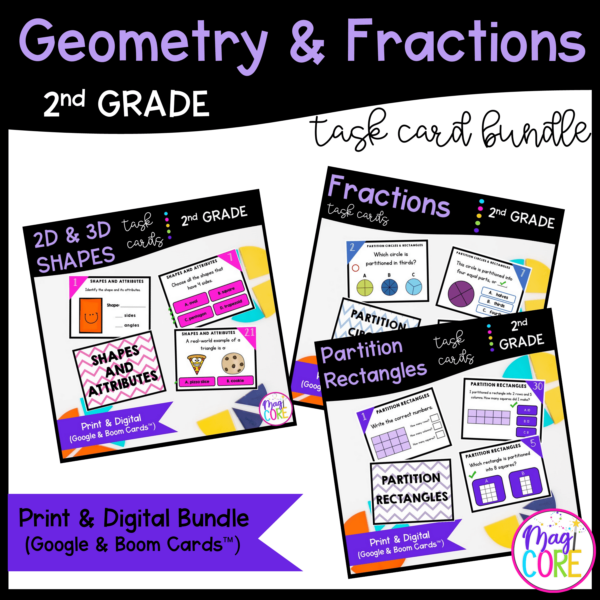 Geometry & Fractions - 2nd Grade Math Task Card Bundle