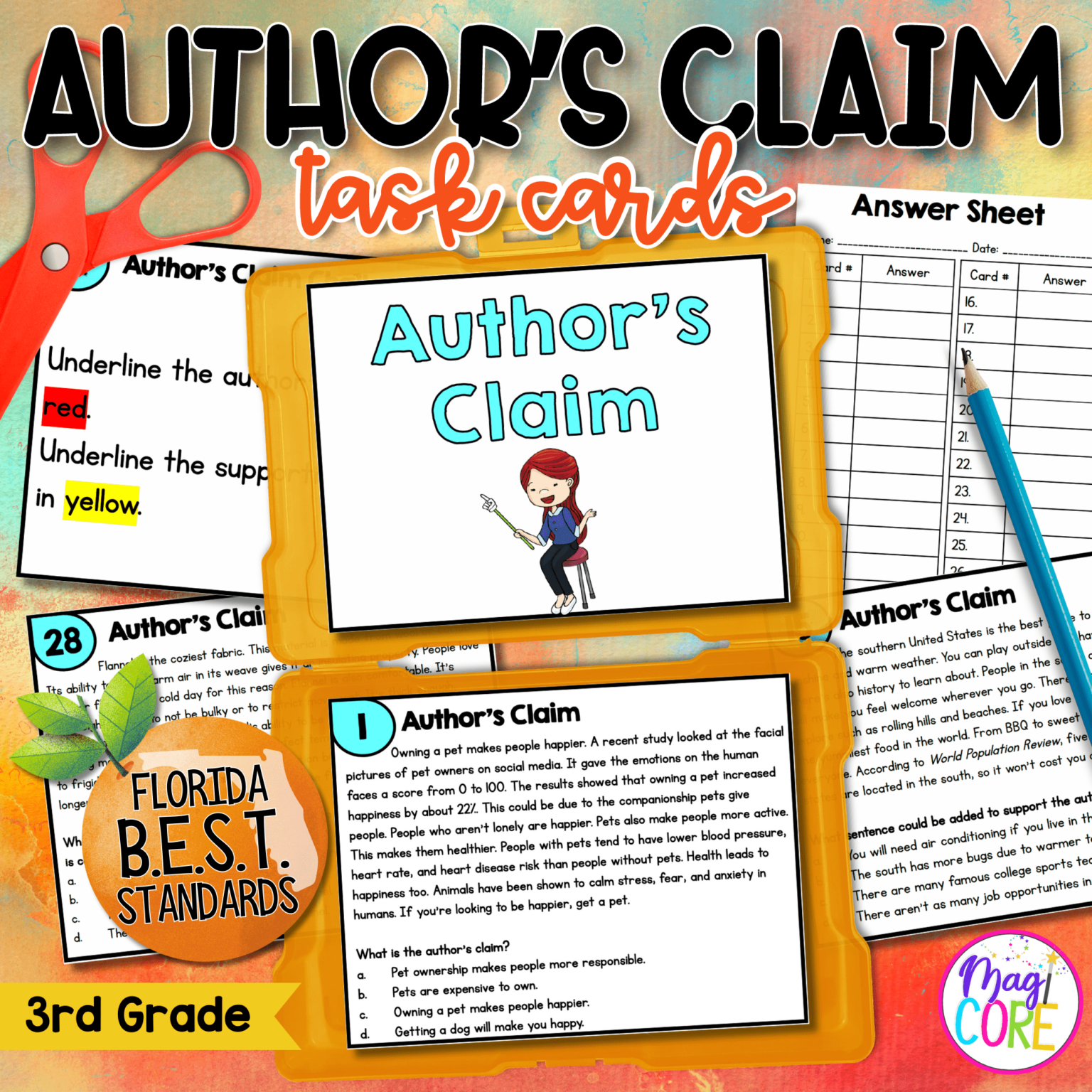 Author's Claim Task Cards - 3rd Grade - FL BEST | MagiCore