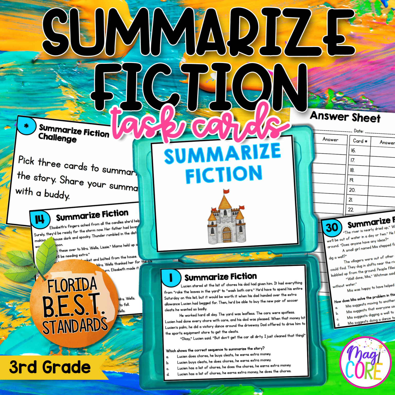 Summarize Fiction Task Cards - 3rd Grade - FL BEST | MagiCore