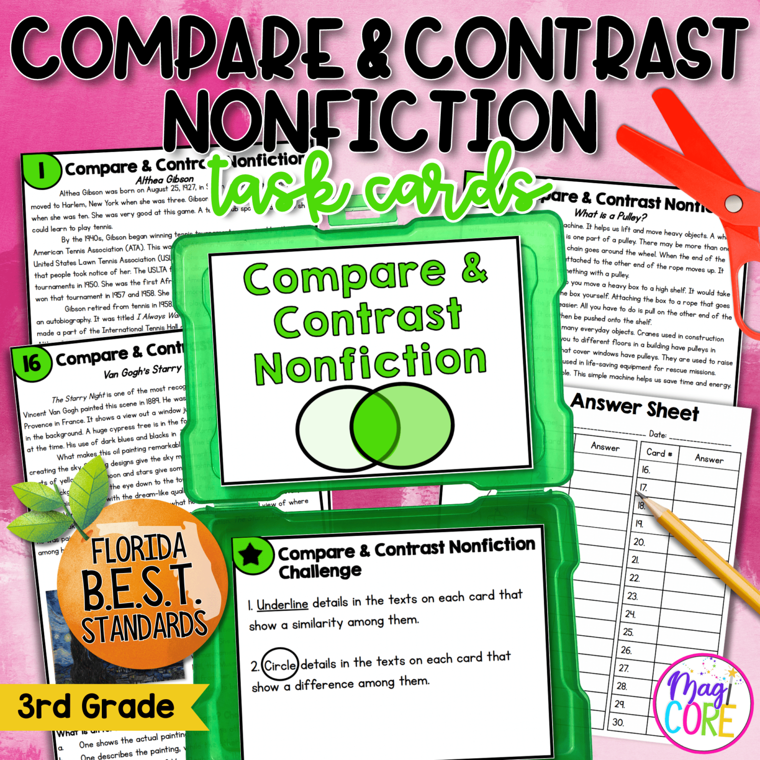 Compare & Contrast Nonfiction Task Cards - 3rd Grade | MagiCore