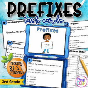 Vocabulary Prefixes Task Cards 3rd Grade FL BEST ELA.3.V.1.3 Morphology Activity