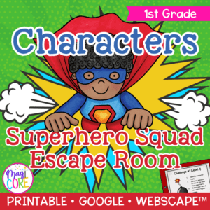 Superhero Characters in a Story Reading Escape Room Webscape 1st Grade