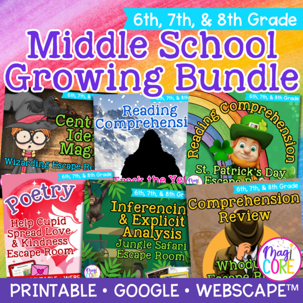 Middle School Reading Comprehension Escape Room GROWING Bundle 6th 7th 8th