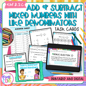 Add & Subtract Mixed Numbers w/ Like Denominators - 4th Grade Task Cards