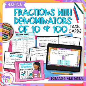 Fractions with Denominators of 10 & 100 - 4th Grade Task Cards - Print & Digital