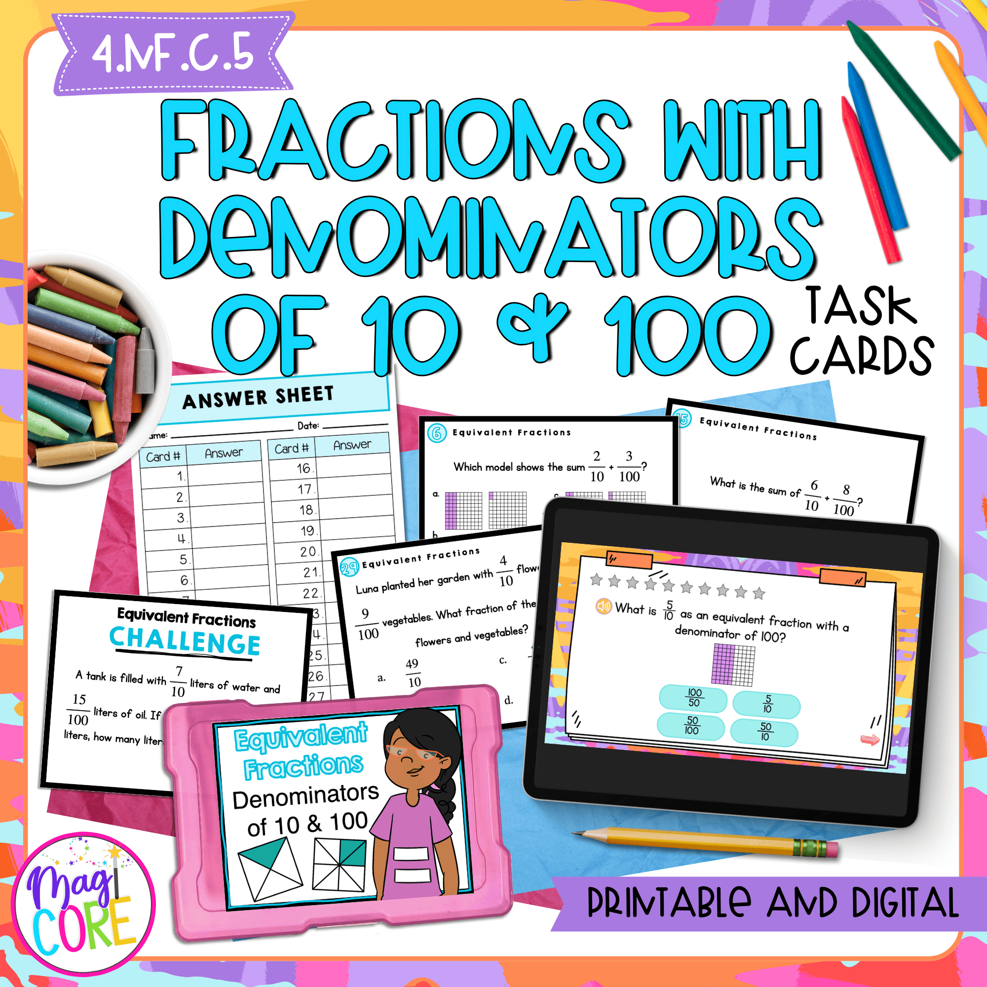 Fractions with Denominators of 10 & 100 - 4th Grade Task Cards - Print & Digital