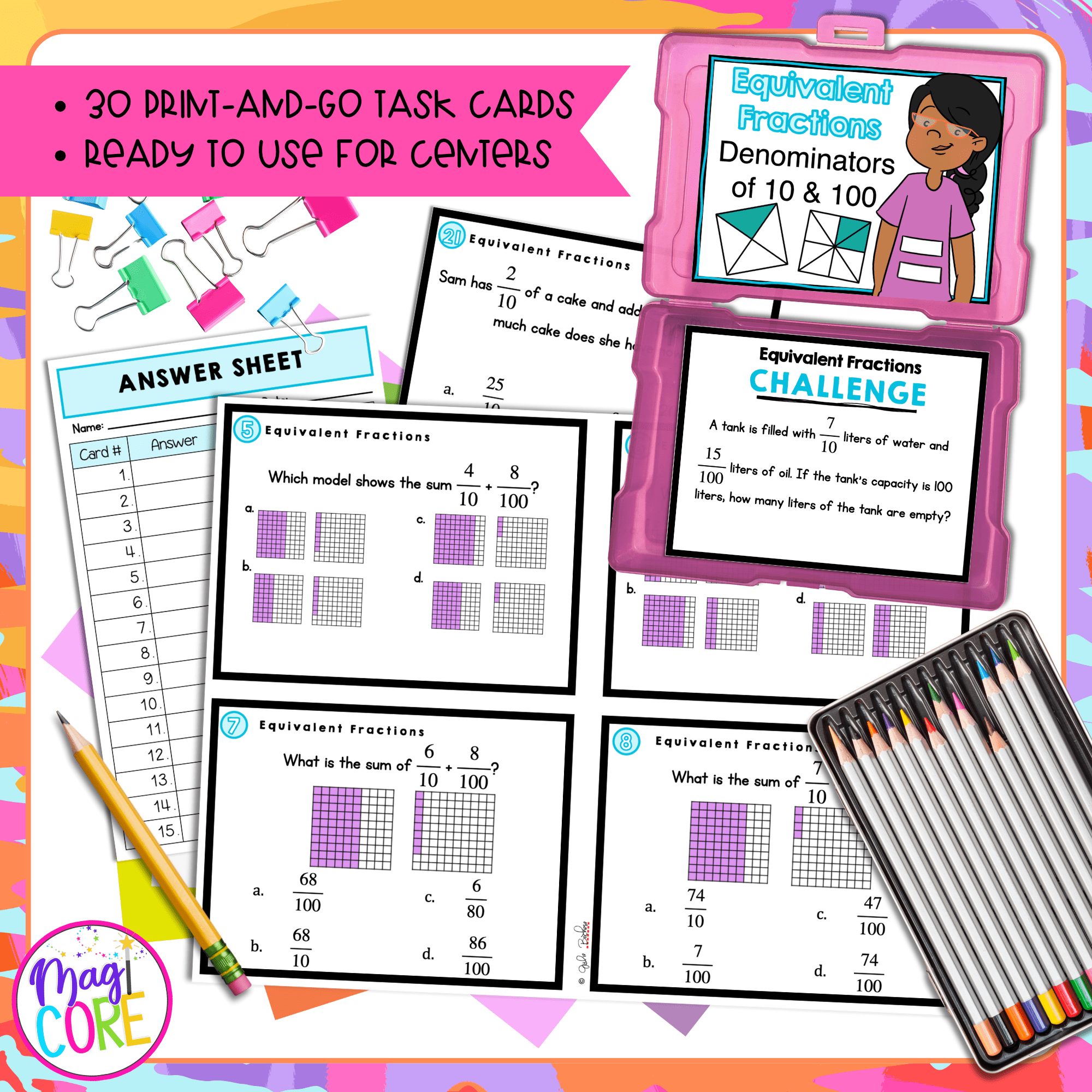 Fractions with Denominators of 10 & 100 - 4th Grade Task Cards - Print & Digital - Image 2