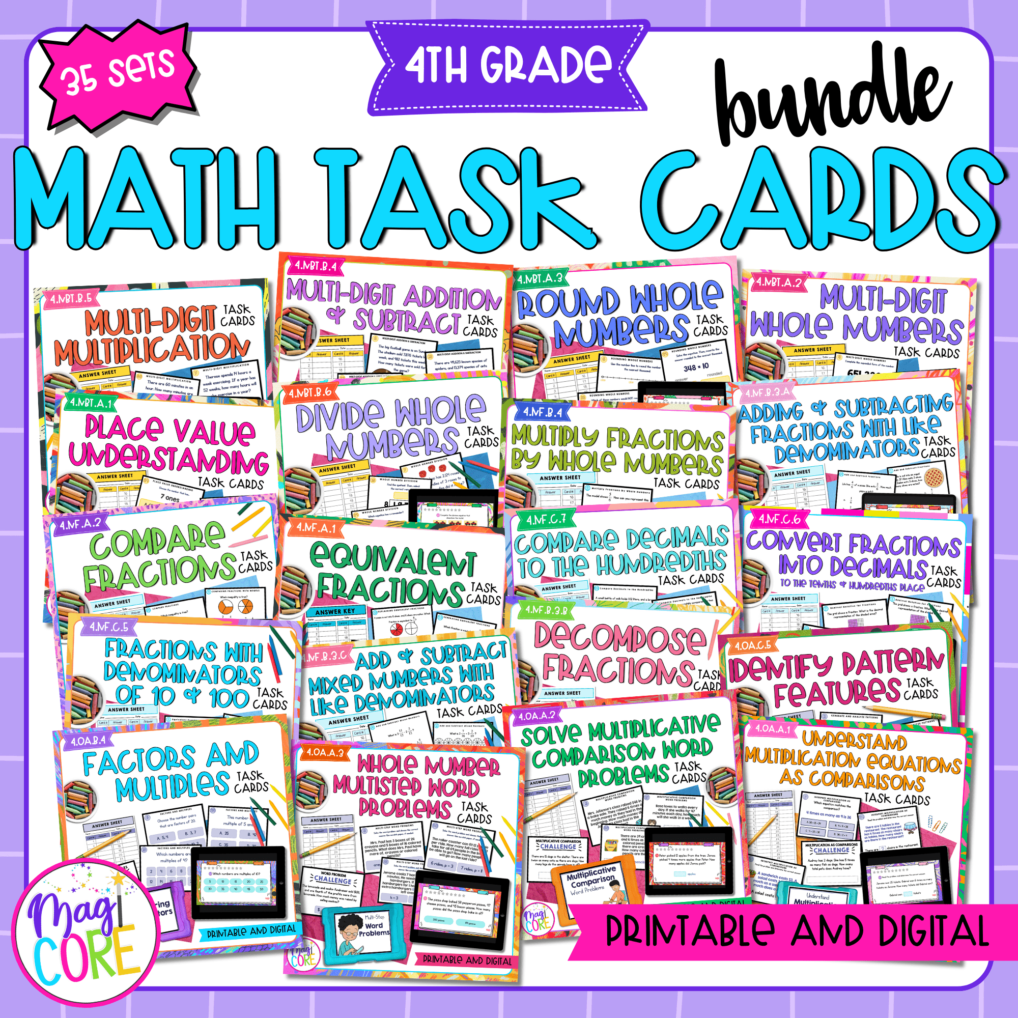 4th Grade Math Task Card Growing Bundle | MagiCore
