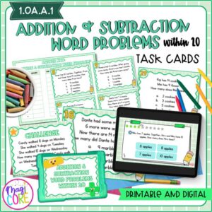 Addition & Subtraction Word Problems 1st Grade Math Task Cards 1.OA.A.1 Digital