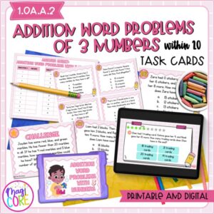 Addition Word Problems of 3 Numbers within 20 - 1st Grade Task Cards - 1.OA.A.2