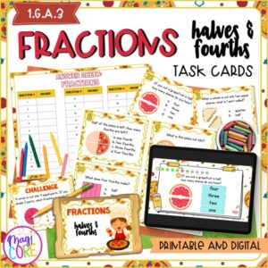 Fractions: Halves & Fourths 1st Grade Task Cards - 1.G.A.3 Center Activity Game