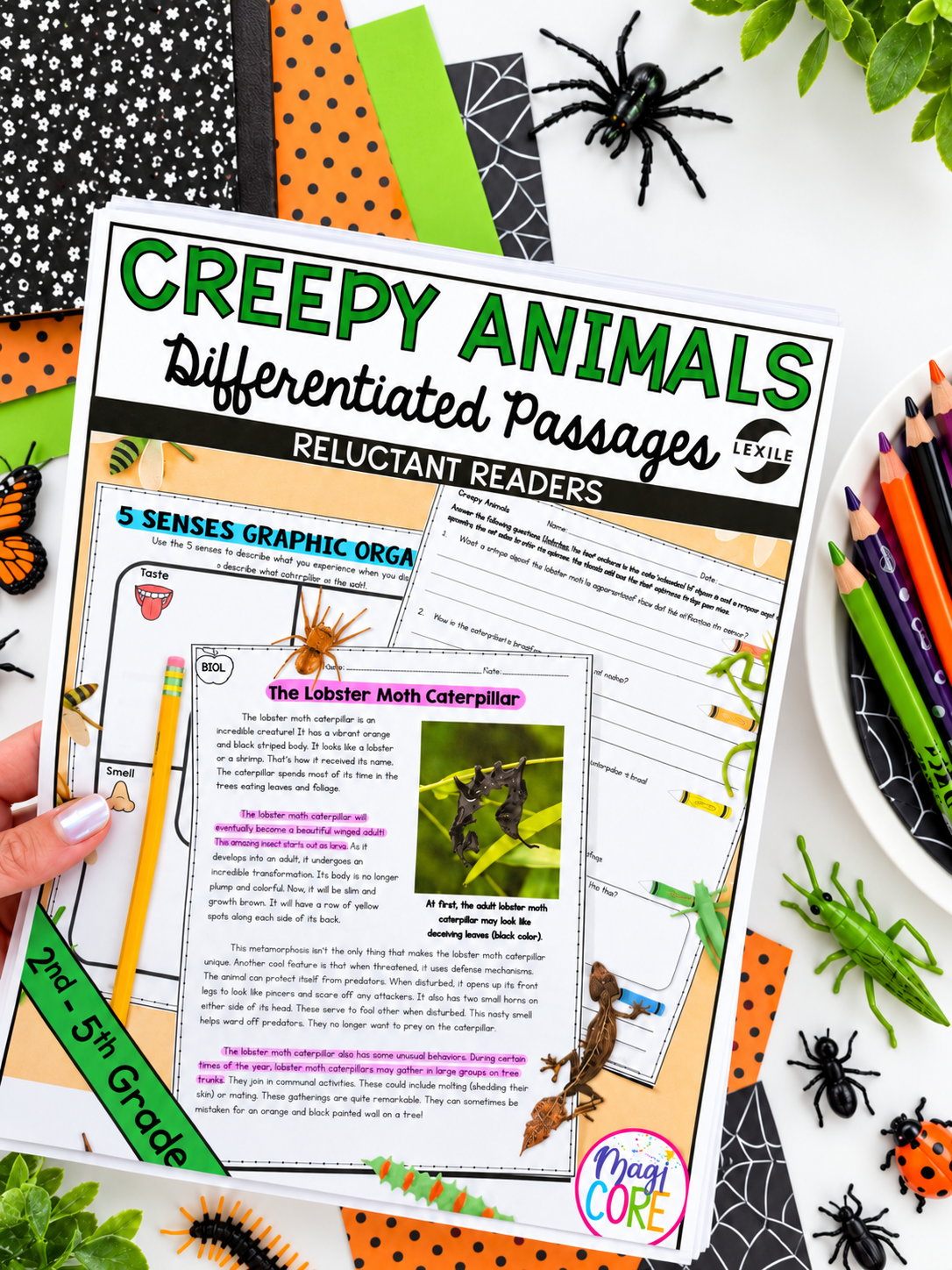Creepy Animals printable passage, graphic organizer, and comprehension pages