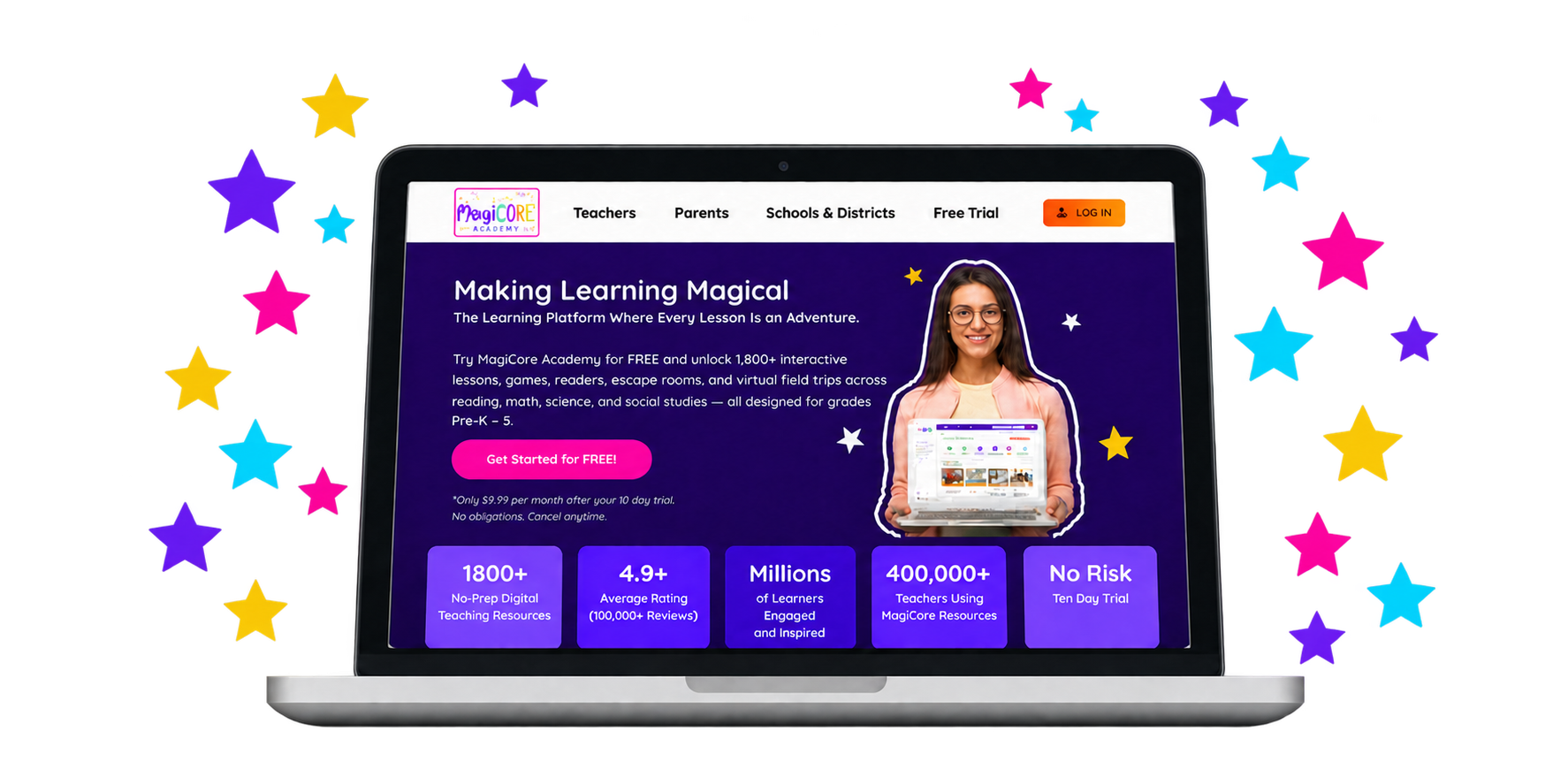 MagiCore Academy online learning platform displayed on a laptop surrounded by colorful stars