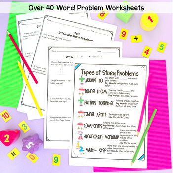 2nd Grade Word Problems to 100 & 1000 Practice Worksheets Math Story Problems - Image 3