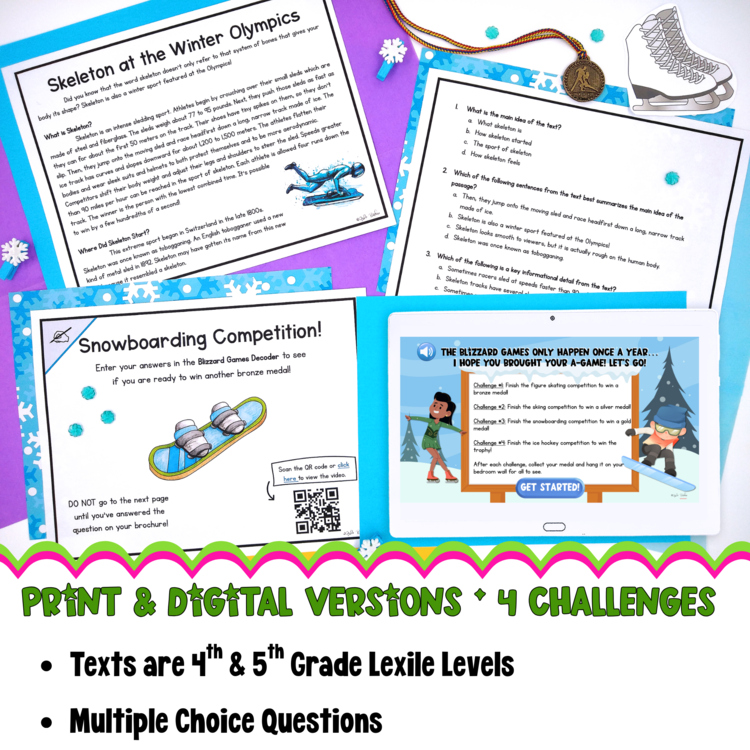 Winter Sports Reading Comprehension Escape Room & Webscape 4th 5th Grade Passage